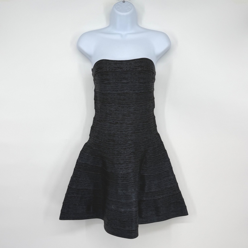 Herve Leger Black Metallic Bandage Strapless Fit and Flare Mini Dress